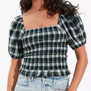 American Eagle Black, Navy, Green, Yellow, & White Plaid Square-Neck Puff Sleeve